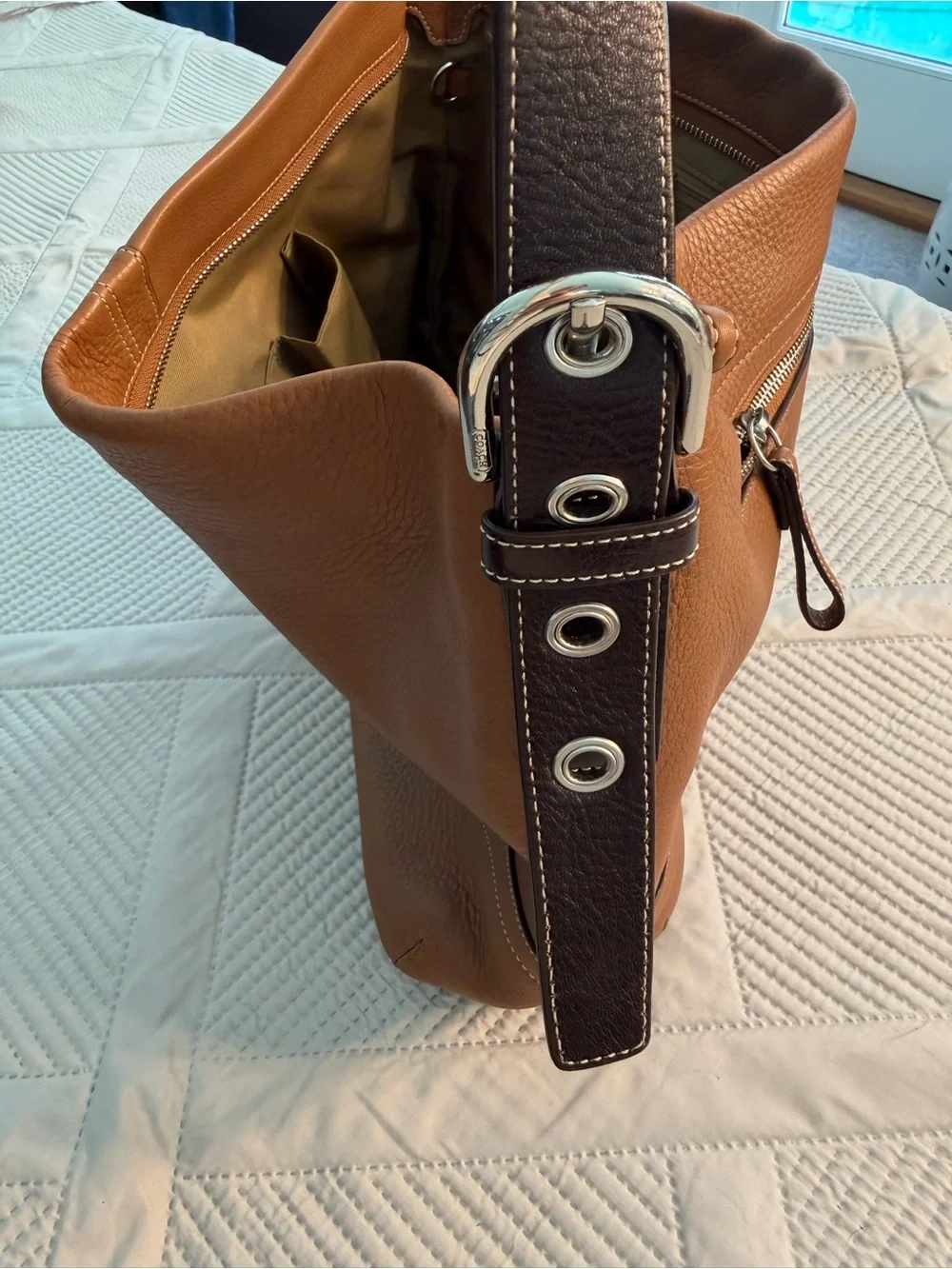 Coach Oversized Tan Leather Crossbody Tote with Brown Trim Beautiful Bag
